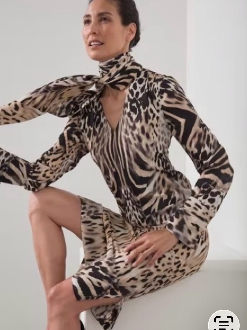 Animal Print Tie-Neck Long Sleeve Dress in Beige & Black